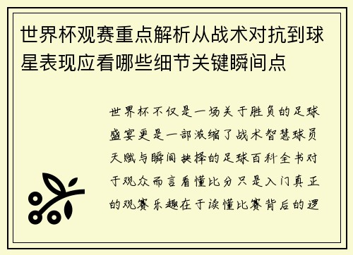 世界杯观赛重点解析从战术对抗到球星表现应看哪些细节关键瞬间点