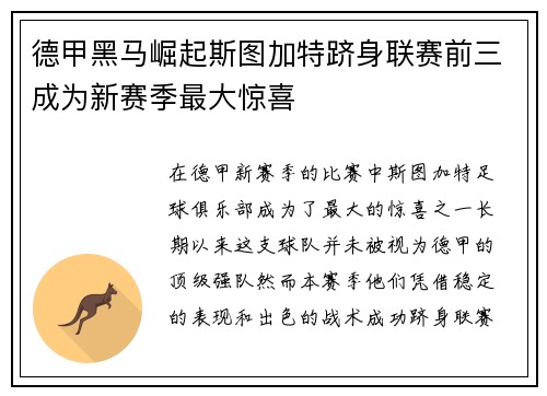 德甲黑马崛起斯图加特跻身联赛前三成为新赛季最大惊喜