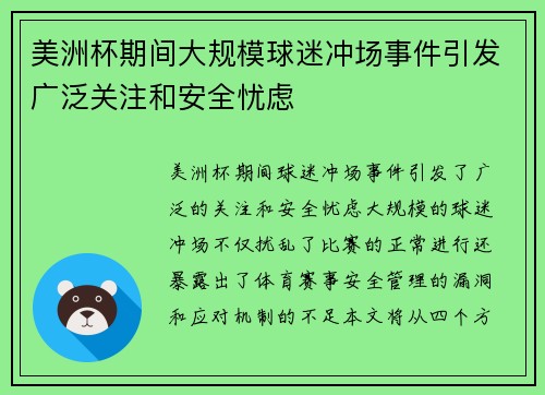 美洲杯期间大规模球迷冲场事件引发广泛关注和安全忧虑